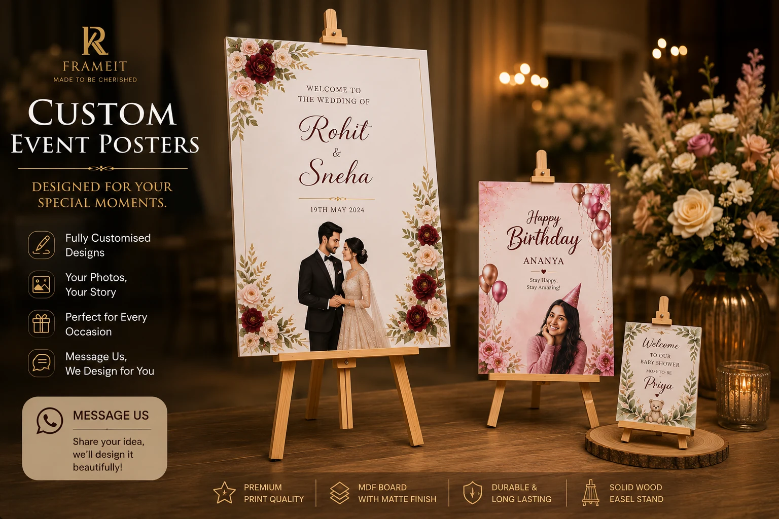 Custom wedding, birthday and mini event posters displayed on wooden easels