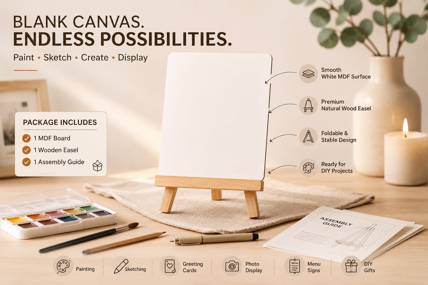 Blank canvas DIY easel kit package and creative uses